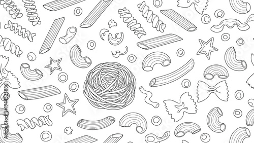 Intricate line art pattern covers the frame with many different types of pasta shapes like penne, fusilli, farfalle, and macaroni shells.