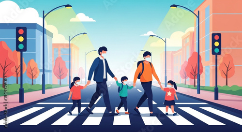 Happy family crossing urban street at pedestrian crossing with green traffic lights sunny day