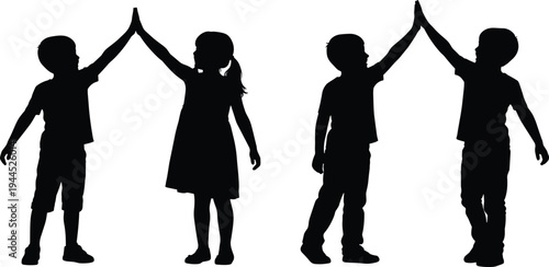 Children giving high five silhouette, teamwork celebration illustration, friendship bonding concept, youth positive interaction artwork, playful camaraderie scene