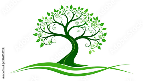 A single green tree with a full canopy standing on a grassy hillside isolated on transparent background