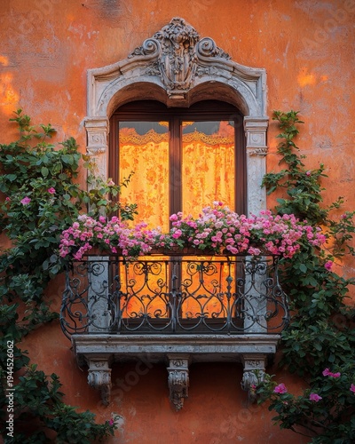 Wallpaper Mural Pretty balcony with flowers and curtain in sunset light near a building in a warm city with rustic look Torontodigital.ca