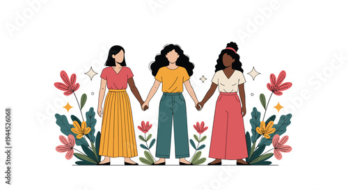Empowering illustration of three diverse women holding hands surrounded by stylized flowers to celebrate friendship and unity.