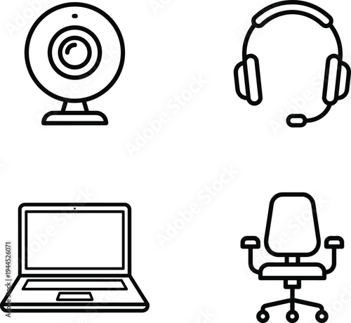 Customer support and remote work line icons set with webcam headset laptop and office chair simple outline vector illustration isolated