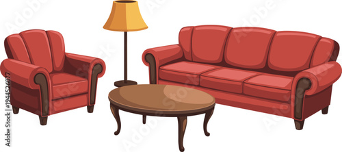 Cozy living room furniture set with red sofa armchair wooden coffee table and floor lamp cartoon style interior vector illustration isolated background