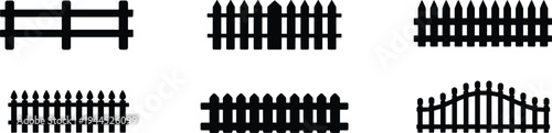 Collection of fence silhouettes featuring picket, rail, decorative, and curved‑top designs arranged in grid format for architecture, landscaping, construction, and design themes.