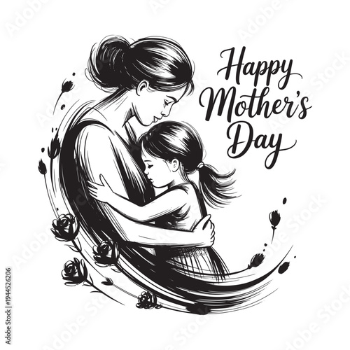 A mother embracing her child with floral elements and calligraphy for mother s day