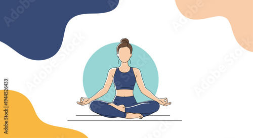 Serene illustration of a woman in a blue yoga outfit performing the tree pose against a calm blue circle for wellness themes.