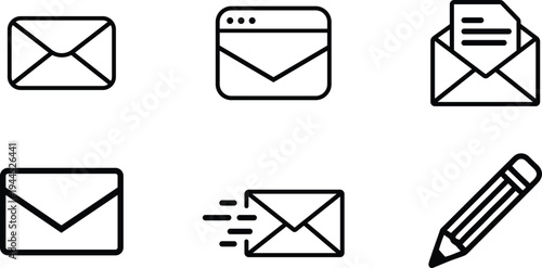 Collection of six communication icons including envelopes message window and pencil representing digital and physical mail services