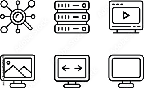 Collection of abstract technology icons featuring a network hub server rack video player screen landscape display bidirectional arrows and a blank monitor isolated on transparent background