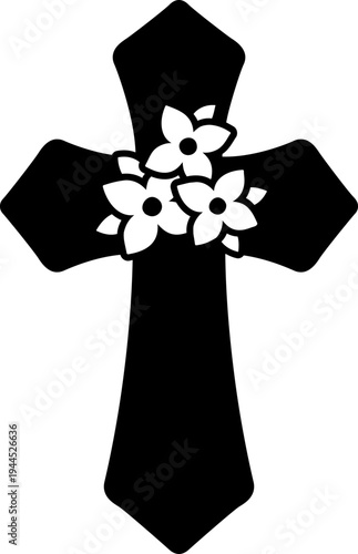 Easter floral cross black silhouette vector illustration for spring Christian design.
Decorative Easter cross with floral elements in black silhouette vector illustration.
Transparent background. svg.