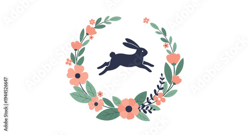 Elegant silhouette of a rabbit leaping through a circular wreath made of beautiful peach flowers and green leaves on white.
