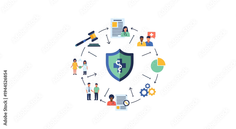Fototapeta premium Healthcare System Ecosystem: Integrated Medical Services, Policy, Patient Care, Data, & Legal Compliance