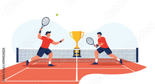 Dynamic illustration of two men playing tennis on a clay court with a large gold trophy in the background to show competition.