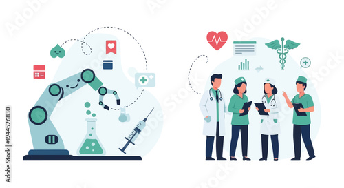 AI in Medicine, Robotic Lab Research, and Medical Professionals Team Collaboration Vector Illustration