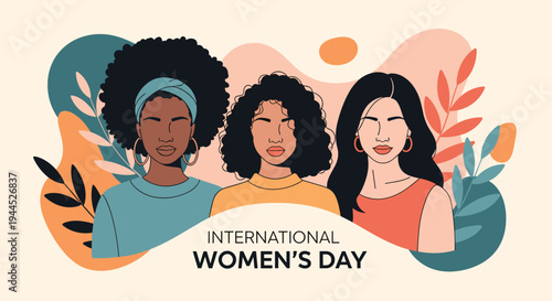 International Women's Day illustration featuring three diverse women's faces with abstract botanical elements in the background.