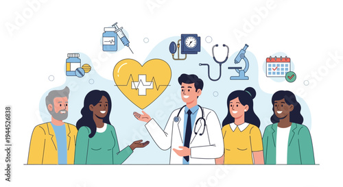 Doctor Consulting Diverse Patients: Healthcare, Wellness, and Medical Services Illustration