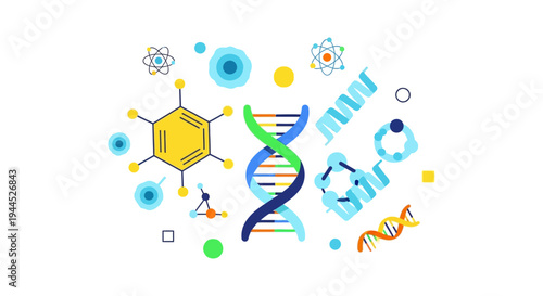 Science & Technology Concepts: DNA, Molecules, Atoms, and Chemical Structures Illustration