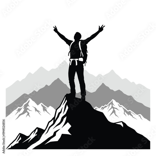 A triumphant hiker stands atop a mountain peak with arms outstretched.