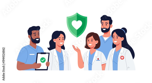 Medical Team with Health Protection Shield Icon - Doctors, Nurses, and Staff Providing Comprehensive Care