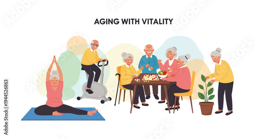 Aging with Vitality: Active Seniors Enjoying Healthy & Social Activities Illustration