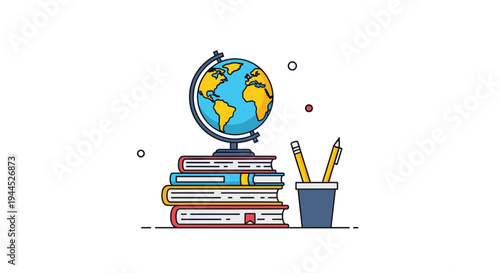Educational illustration featuring a globe on a stack of books with pencils in a holder to represent learning and geography.