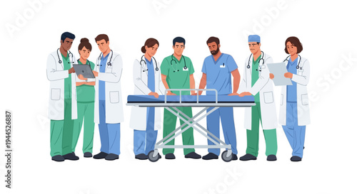 Diverse Medical Team Collaboration with Digital Technology and Patient Care Equipment Illustration