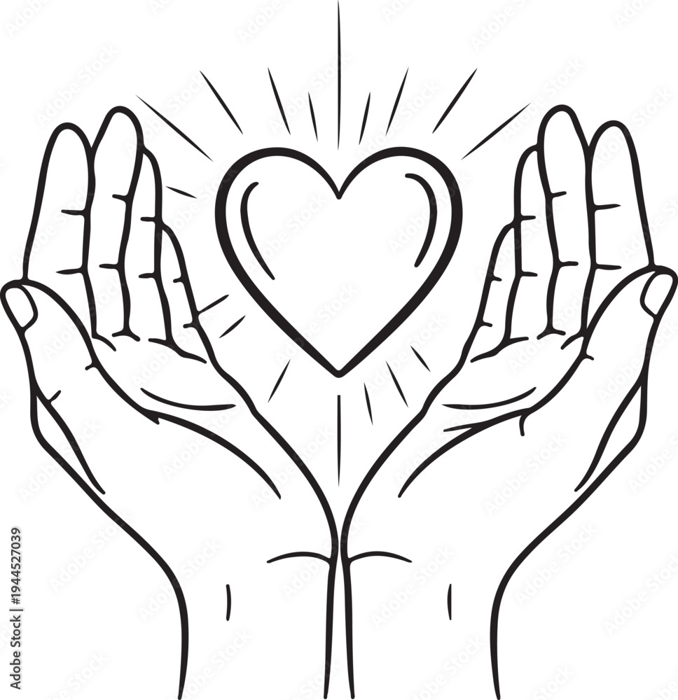 Fototapeta premium Two hands holding a heart symbolizing love and compassion in a black and white sketch