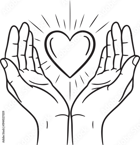 Two hands holding a heart symbolizing love and compassion in a black and white sketch