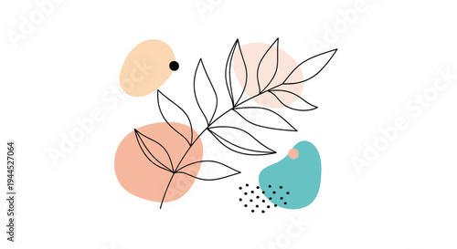 Minimalist line art illustration of a leafy branch with soft abstract color circles for a clean and modern botanical design.