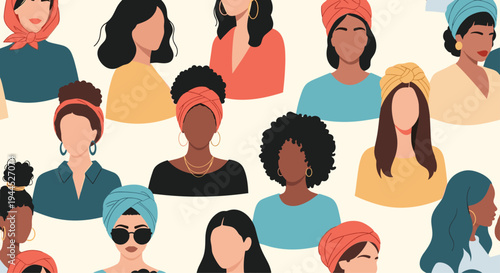Diverse seamless pattern of women's faces with different skin tones, hair styles, and accessories to celebrate global femininity.