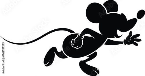 Running cartoon mouse silhouette, playful mouse character vector illustration, cute rodent mascot icon, animated animal clipart design