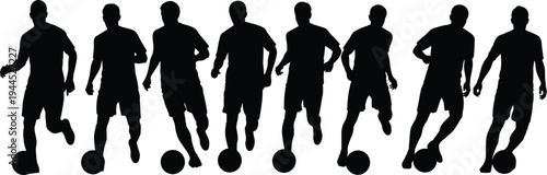 Silhouette sequence of soccer player dribbling ball, dynamic sports motion illustration, athletic training concept, football activity design isolated background