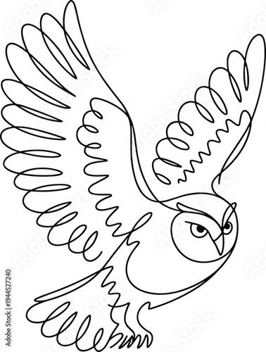 Flying owl with outstretched wings and sharp gaze black line bird