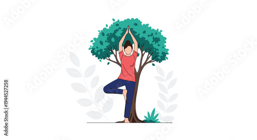 Calm illustration of a person practicing a yoga tree pose under a leafy green tree for a concept of grounding and mindfulness.