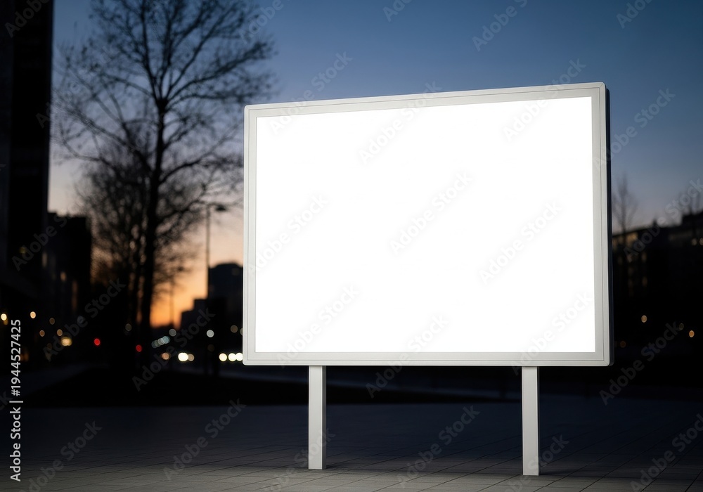 Fototapeta premium Empty billboard standing in front of a cityscape during twilight hours