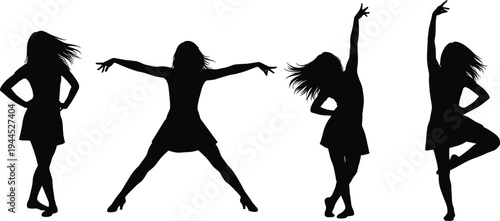 Silhouette dancers expressive poses collection, black white vector illustration representing graceful motion art concept for performance design inspiration