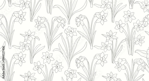 Delicate seamless pattern of hand-drawn daffodil flowers in a fine line art style, perfect for elegant spring-themed backgrounds.