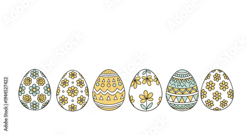 Set of six beautifully decorated easter eggs with colorful floral and geometric patterns arranged in a single row.
