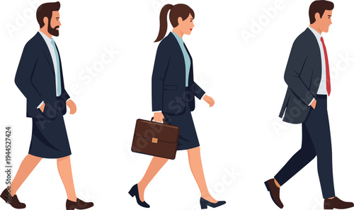 Business people walking characters set professional office workers man and woman with briefcase corporate employees flat vector illustration