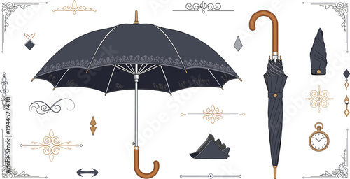 Elegant vintage umbrella collection with open umbrella folded umbrella decorative ornaments and classic style accessories luxury weather protection vector illustration
