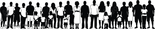 Silhouette diverse group of people standing together, community unity concept, black and white vector illustration for social demographic education design