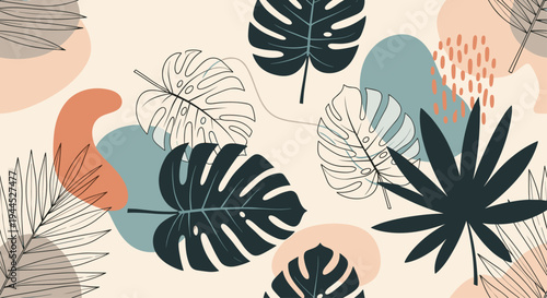 Tropical leaf seamless pattern featuring monstera and palm fronds combined with abstract organic shapes and textures.