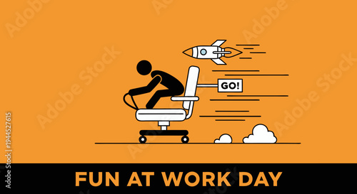 Silhouette of a professional stick figure racing an office chair with a rocket engine for fun at work day on orange background