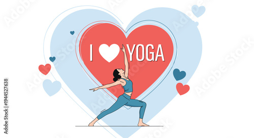 Healthy woman practicing a yoga pose in front of a large heart shape with the text i love yoga in center.