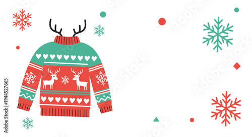 Festive christmas sweater with reindeer and snowflake patterns featuring fun antlers extending from the collar area.