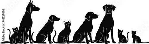   
Silhouette dogs and cats sitting in row, domestic pets companionship concept, black white vector illustration for animal design comparison theme
