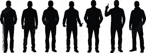 Set of Seven Black Male Silhouettes Standing in Different Casual and Business Poses, Minimalist Full Body Figures Isolated on White,