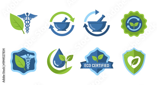 Herbal Medicine, Natural Health & Eco-Friendly Icons Set. Organic, Sustainable, Wellness & Green Product Labels.