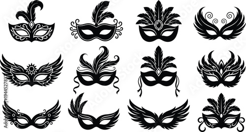 Set of black carnival masks, masquerade carnival mask silhouette vector set