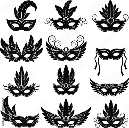 Set of black carnival masks, masquerade carnival mask silhouette vector set